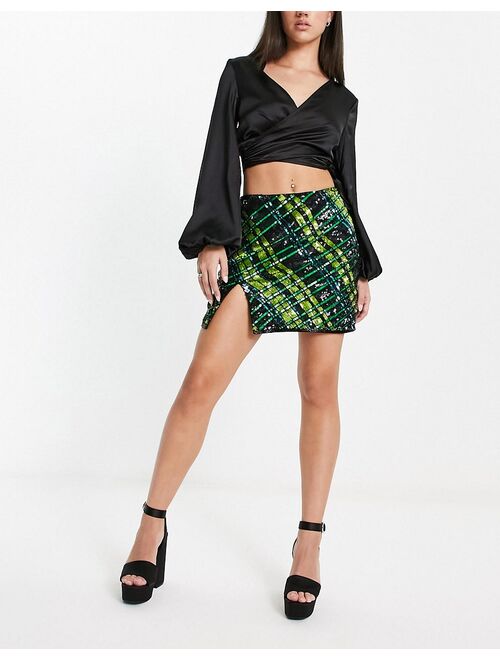 Miss Selfridge Premium sequin mini skirt in black and green check