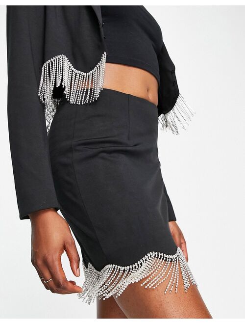 Miss Selfridge mini skirt with diamante dripping hem in black