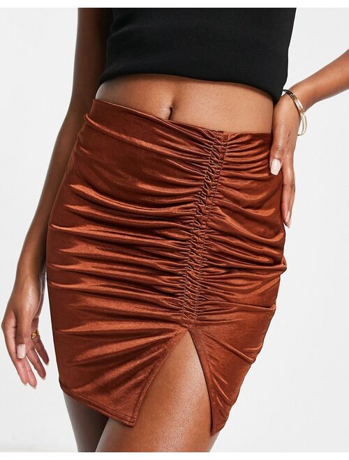 Topshop ruched channel slinky mini skirt in chocolate