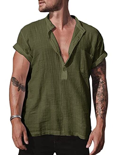 Bbalizko Mens Linen Cotton Henley Shirt Casual V Neck Short Sleeve Beach Hippie Yoga Tees Plain Summer Tops