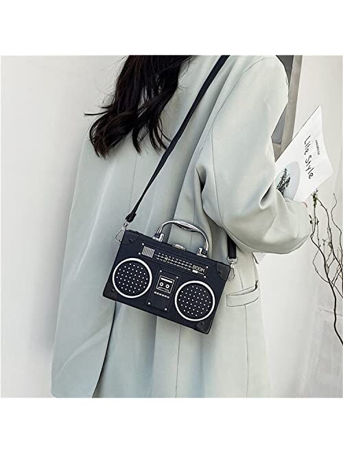 TAMMYFLYFLY Unique Vintage Radio Shaped Cross-Body Bag Women Clip Clasp Shoulder Bag Handbag (Black)