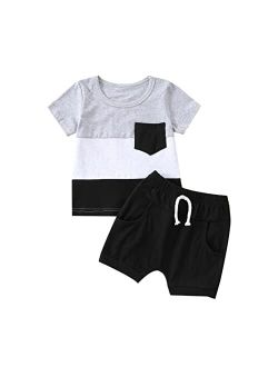 Hoanselay Toddler Infant Baby Boy Summer Shorts Clothes Color Block Short Sleeve T Shirt Top and Solid Shorts Set Outfit