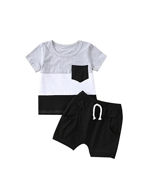 Hoanselay Toddler Infant Baby Boy Summer Shorts Clothes Color Block Short Sleeve T Shirt Top and Solid Shorts Set Outfit