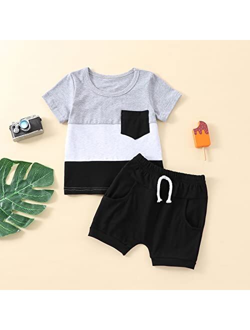 Hoanselay Toddler Infant Baby Boy Summer Shorts Clothes Color Block Short Sleeve T Shirt Top and Solid Shorts Set Outfit
