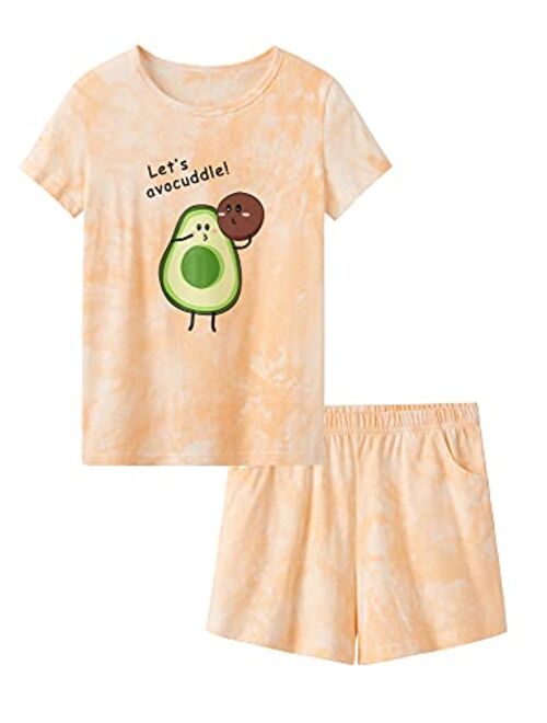 Tebbis Girls Pajamas Tie Dye Orange-Pink Avocado Cotton Tee & Pants Pjs Big Kids Size 6-18