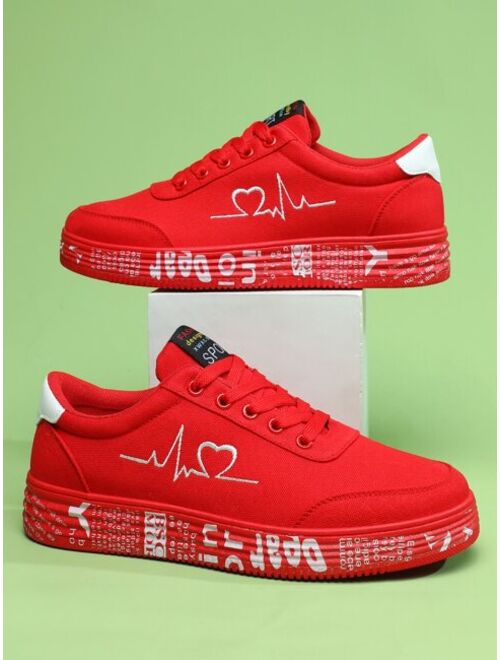 ShowCall Shoes Men Heartbeat Embroidered Letter Patch Decor Lace-up Front Skate Shoes
