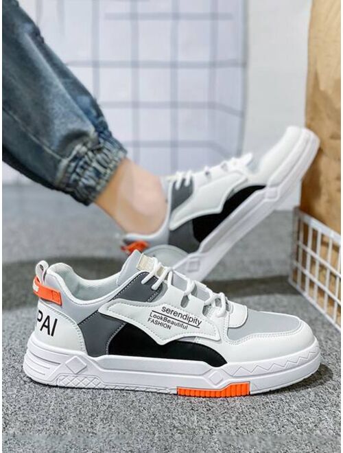 LUMEET Shoes Sporty Skate Shoes For Men, Colorblock Letter Graphic Lace-up Front Sneakers