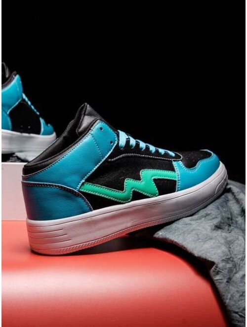 VintageCollections Shoes Sporty Skate Shoes For Men, Colorblock Stitch Detail Lace Up High Top Sneakers