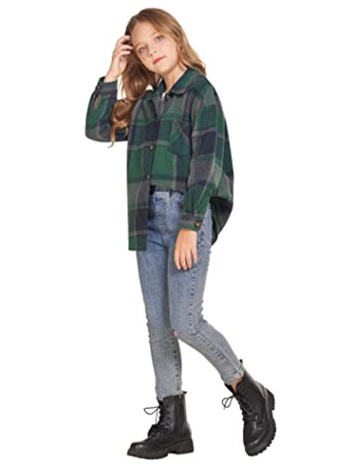 Flypigs Girls Long Sleeve Flannel Shirts Button Down Plaid Shacket Jacket Casual Collared Shirt Blouses Tops with Pocket
