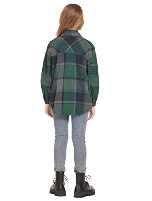Flypigs Girls Long Sleeve Flannel Shirts Button Down Plaid Shacket Jacket Casual Collared Shirt Blouses Tops with Pocket
