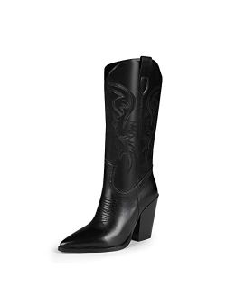 ISNOM Cowgirl Boots for Women, Embroidered Pointed Toe Chunky Heel Western Boots