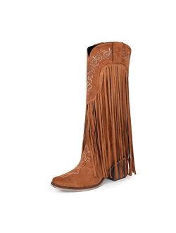 ISNOM Mid Calf Fringe Cowboy Boots for Women, with Sassy Tassel and Classic Western Embroider Design