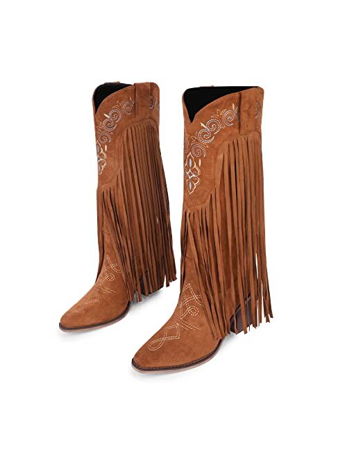 ISNOM Mid Calf Fringe Cowboy Boots for Women, with Sassy Tassel and Classic Western Embroider Design