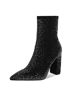 ISNOM Women Rhinestones Boots Suede Ankle Boots with Chunky Heel, Pointed Toe, Side Zipper