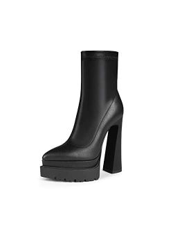 ISNOM Chunky Platform Boots for Women, with Lug Sole, Side Zipper and Block Heel Design
