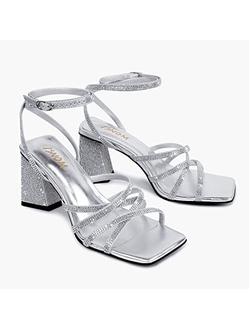 ISNOM Silver Heels for Women Rhinestone Heels Sparkly Sandals with Lace Up Strappy Ankle Strap for Wedding Work Party Dress