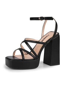 ISNOM Platform Chunky Heels for Women, Block Heel Sandals with Open Square Toe and Ankle Strap