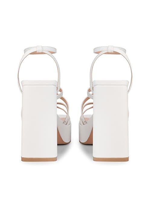 ISNOM Platform Chunky Heels for Women, Block Heel Sandals with Open Square Toe and Ankle Strap