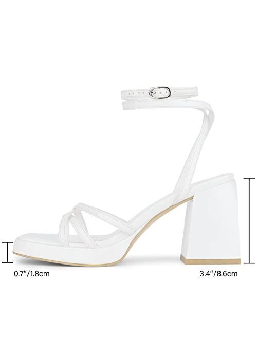 ISNOM Black Platform Heels for Women Heeled Sandals with Lace Up Strappy Ankle Strap Square Open Toe for Wedding Work Party Dress