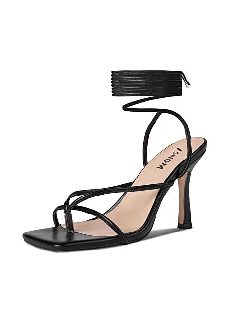 ISNOM Lace Up Heels Sandals for Women, Square Toe, Open Toe Thong, Stiletto Heels Design