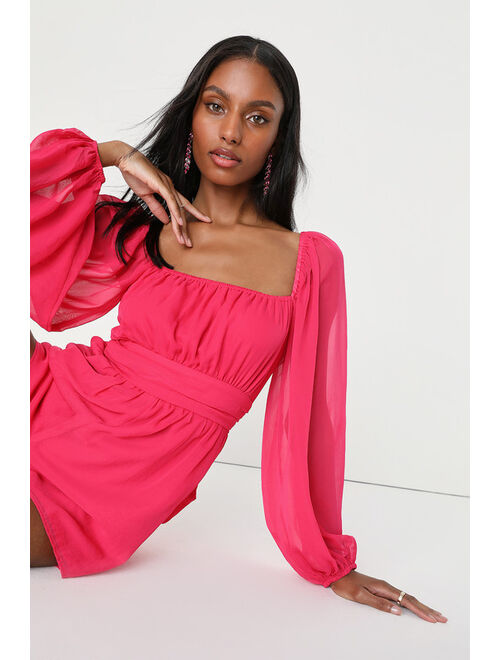 Lulus Inspiring Fashion Hot Pink Long Sleeve Tie-Back Romper