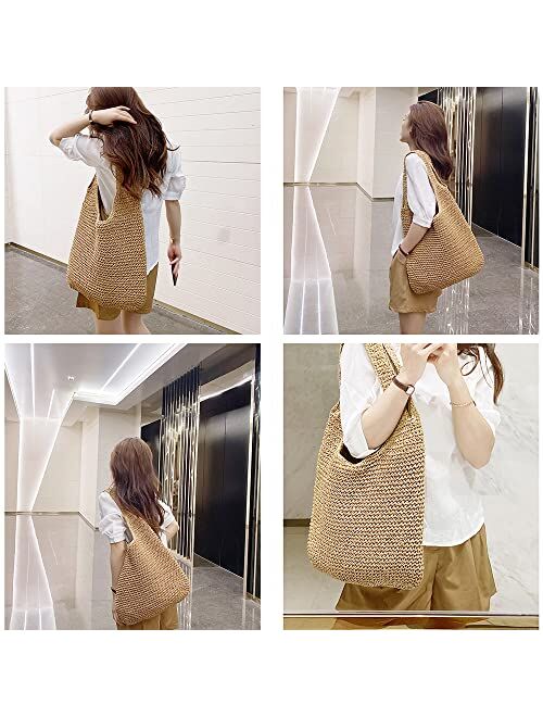 QTKJ Hand-woven Soft Large Straw Shoulder Bag Boho Straw Handle Tote Retro Summer Beach Bag Rattan Handbag (Khaki)