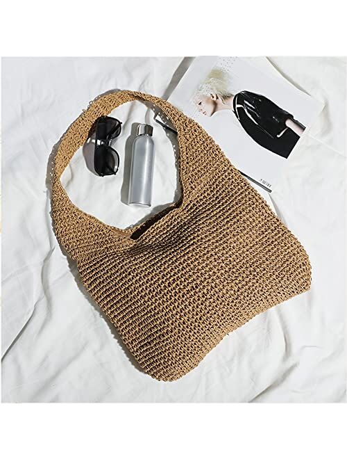 QTKJ Hand-woven Soft Large Straw Shoulder Bag Boho Straw Handle Tote Retro Summer Beach Bag Rattan Handbag (Khaki)
