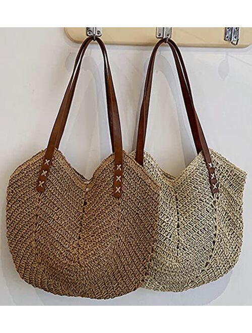 Caistre Summer Casual Straw Tote Bag Large Capacity Woven Shoulder Handbag for Summer Beach Vocation