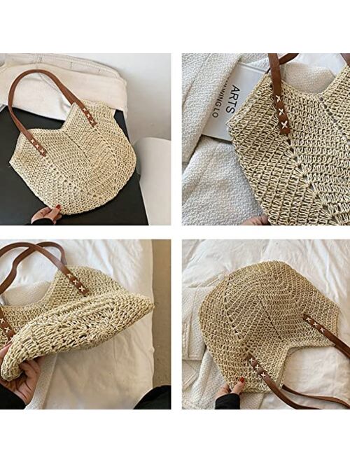 Caistre Summer Casual Straw Tote Bag Large Capacity Woven Shoulder Handbag for Summer Beach Vocation