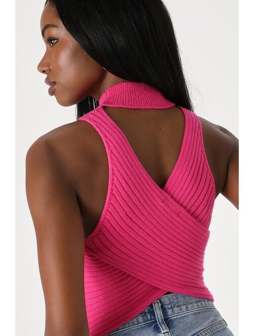 Lulus Radiant Vibes Hot Pink Ribbed Cross Back Tank Top