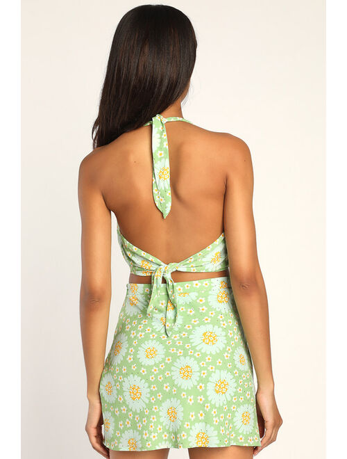 Lulus Retro Romantic Green Floral Print Mini Skirt