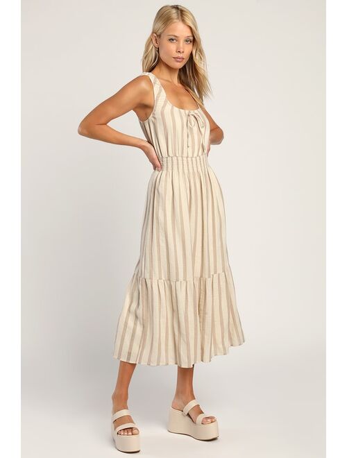 Lulus Beautiful Breezes Ivory Striped Linen Tiered Midi Dress