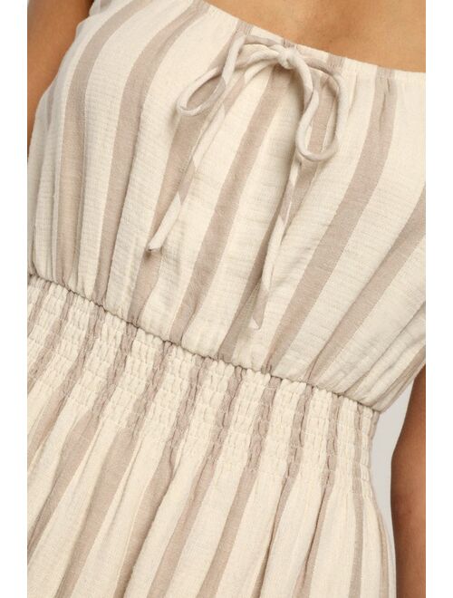Lulus Beautiful Breezes Ivory Striped Linen Tiered Midi Dress