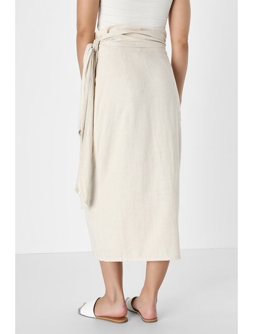 Lulus Breezy Personality Beige Linen Midi Wrap Skirt