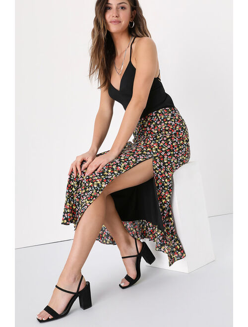 Lulus City Sweetie Black Floral Print Ruffled Midi Skirt