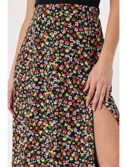 Lulus City Sweetie Black Floral Print Ruffled Midi Skirt