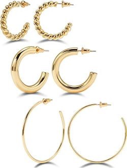 ROSIEYO hoops gold earrings for women medium, 14k gold hoops small thick, large lightweight hoops jewelry for girls 3-Pairs