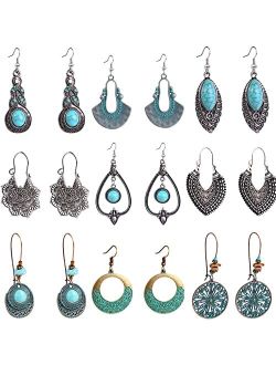Bonidemix Bohemian Vintage Silver Drop Dangle Earrings Set for Women Girls, 9 Pairs Hypoallergenic Simulated Turquoise Earrings Pack, Fashion Waterdrop Dangling Jewelry