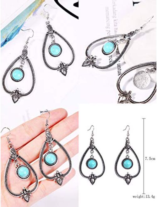 Bonidemix Bohemian Vintage Silver Drop Dangle Earrings Set for Women Girls, 9 Pairs Hypoallergenic Simulated Turquoise Earrings Pack, Fashion Waterdrop Dangling Jewelry