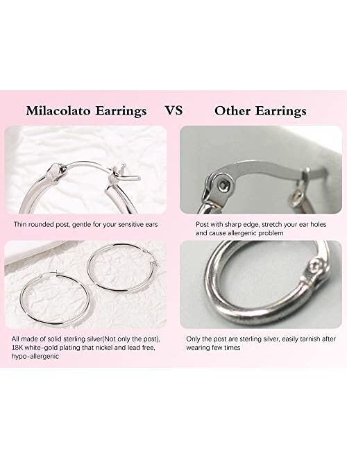 Milacolato Sterling Silver Hoop Earrings 2mm Thin Hoop Earrings 18K White Gold Plated Huggie Hoops Earrings Size Available Small Medium Large Hoop Earrings for Women Girl