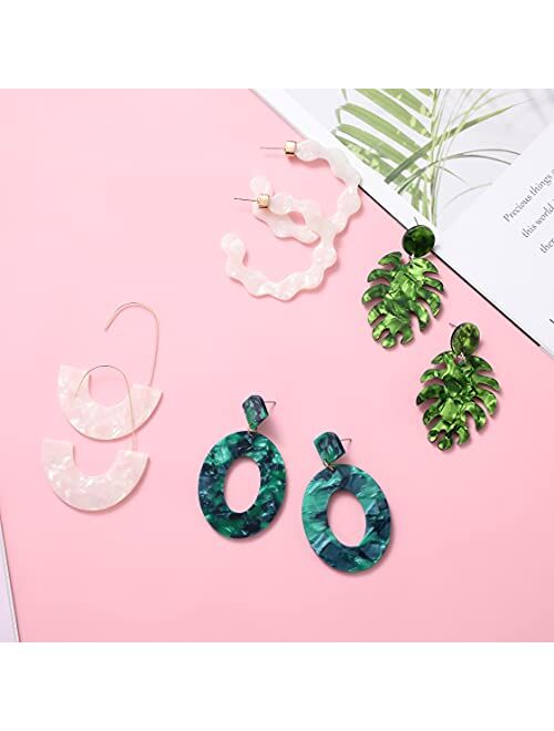LANTAI 16 Pairs Trendy Acrylic Earrings Rattan Earrings for Women Girls-Summer Beach Straw Earrings Resin Dangle Drop Fashion Earrings Geometric Statement Earrings Vacati