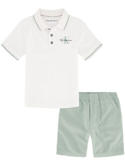 CALVIN KLEIN Little Boys Tipped Pique Polo Shirt and Twill Shorts, 2 Piece Set
