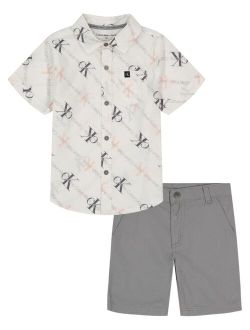 Little Boys Monogram Print Button-Front Shirt and Twill Shorts, 2 Piece Set