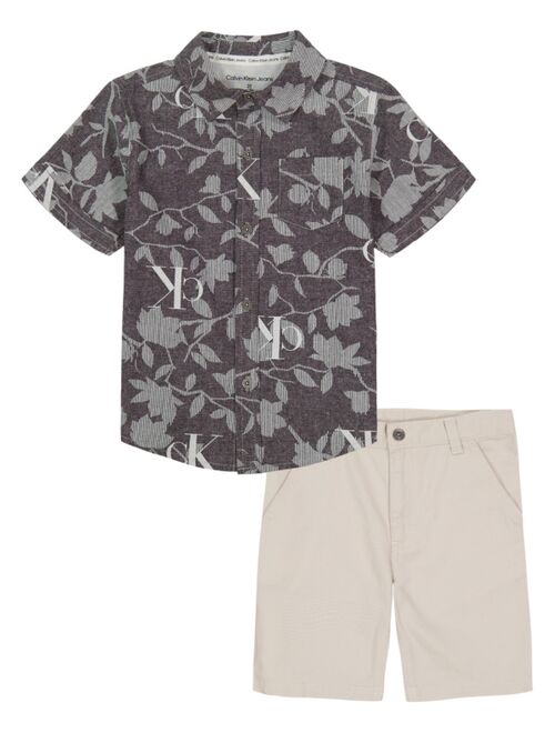 CALVIN KLEIN Little Boys Printed Chambray Button-Front Shirt and Twill Shorts, 2 Piece Set