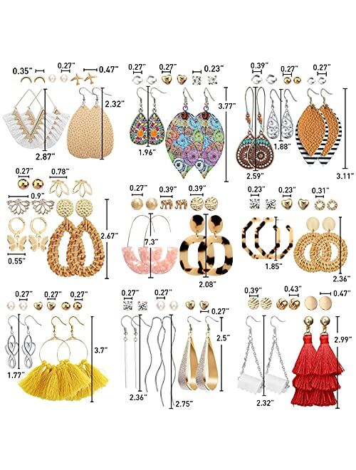 Fifata 47 Pairs Fashion Earrings for Women Girls, Boho Statement Tassel Rattan Leather Earrings Butterfly Acrylic Hoop Stud Drop Dangle Earrings Set, Hypoallergenic for S