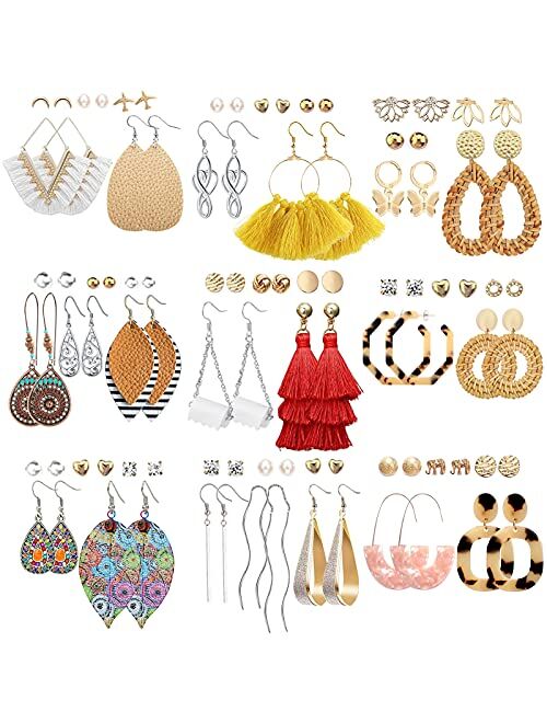 Fifata 47 Pairs Fashion Earrings for Women Girls, Boho Statement Tassel Rattan Leather Earrings Butterfly Acrylic Hoop Stud Drop Dangle Earrings Set, Hypoallergenic for S