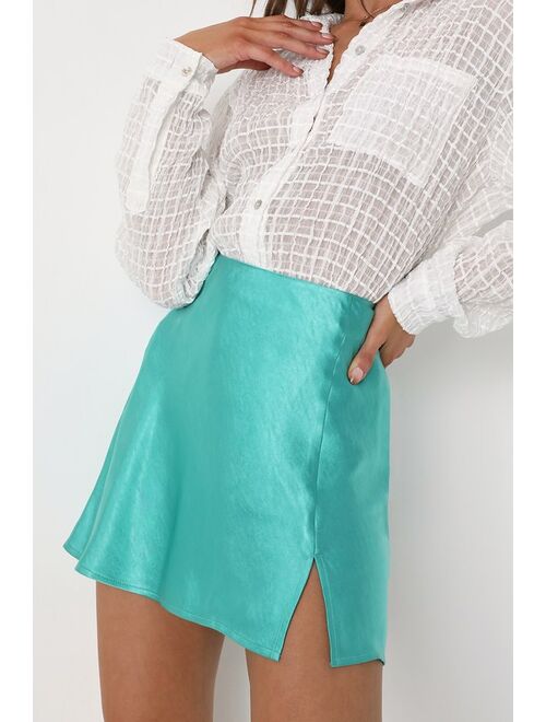 Lulus Flirty Days Teal Blue Satin Mini Skirt