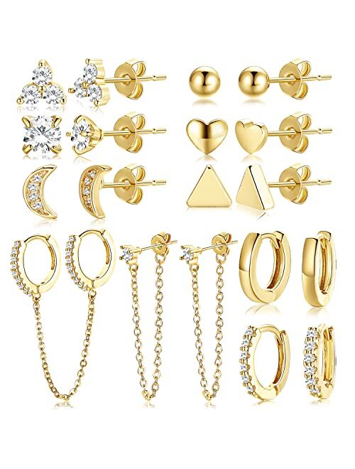 Showagain 14K Gold Plated Studs Earrings and Hoops Set for Women Girls, Hypoallergenic Small Dainty Minimalist Chain Cartilage CZ Ball Earrings Sets for Multiple Piercing