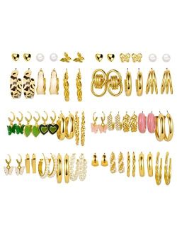 Showagain 32 Pairs Gold Hoop Earrings Set for Women Girls, Fashion Chain Link Hoop Stud Drop Dangle Earrings Boho Statement Hypoallergenic Earrings for Christmas Jewelry 