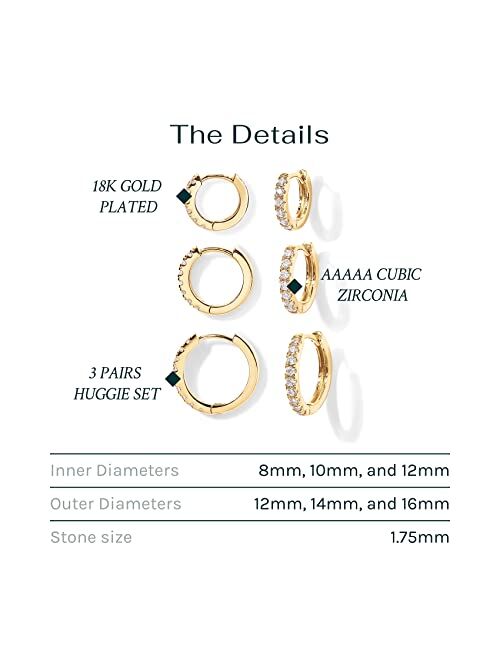 PAVOI 18K Gold Plated 925 Sterling Silver Post, 3 Pairs Small Gold Hoop Earrings Set | Mini Cartilage Helix Huggie Hoop Pack for Women Men 8mm 10mm 12mm